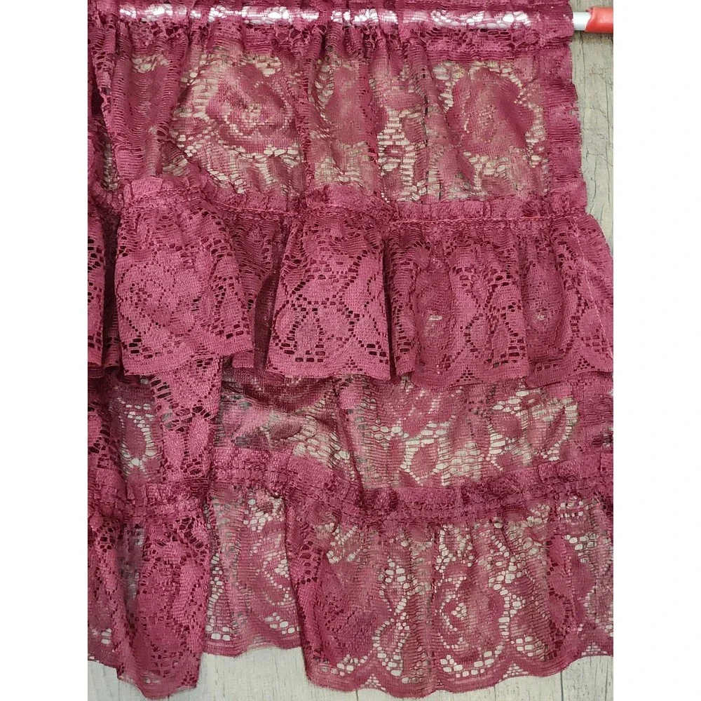 Burgundy Lace Swag Valance Floral Cottage Country Victorian Double Ruffle